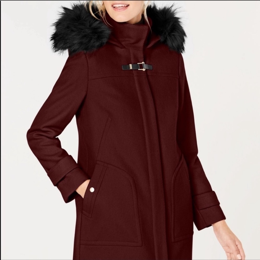 COLE HAAN Burgundy Faux Fur Trim Hooded Winter Coat Size 8 NEW